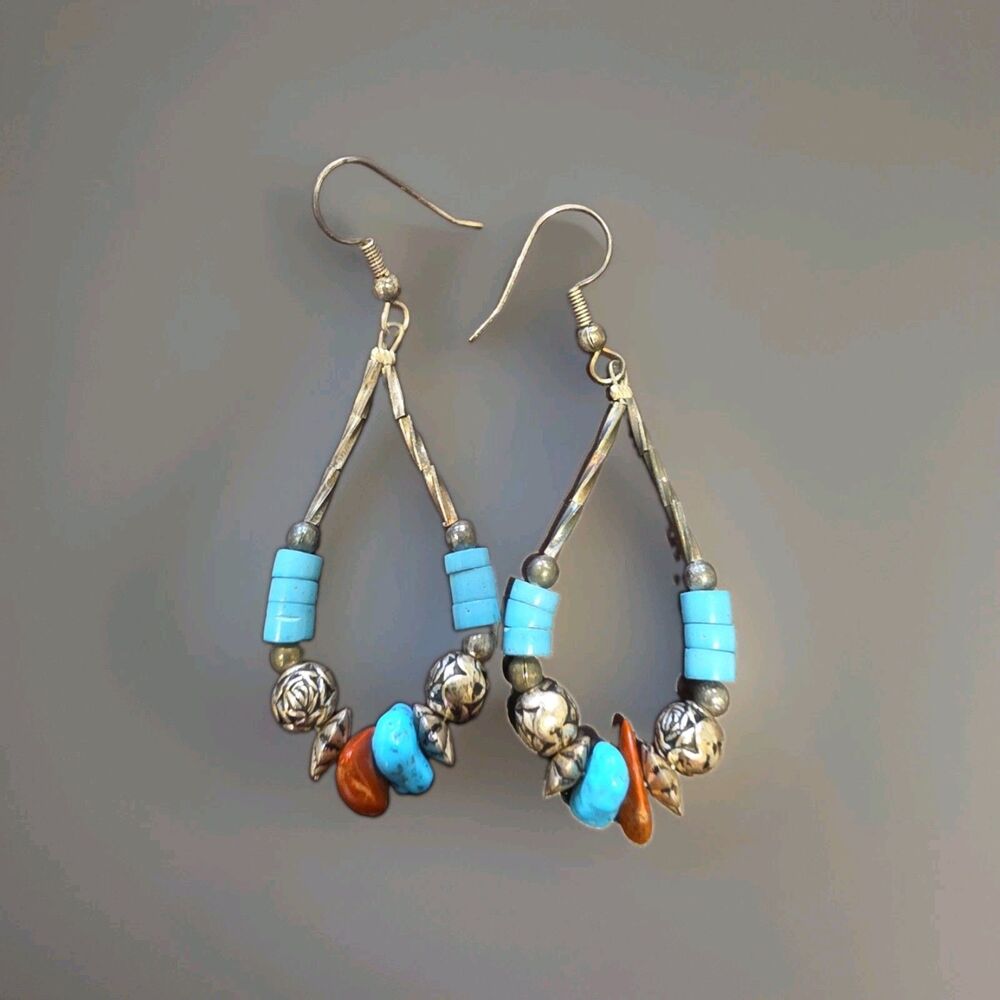 Vintage Southwestern Dangle Earrings Blue Heishe Coral Silver Beads Teardrop